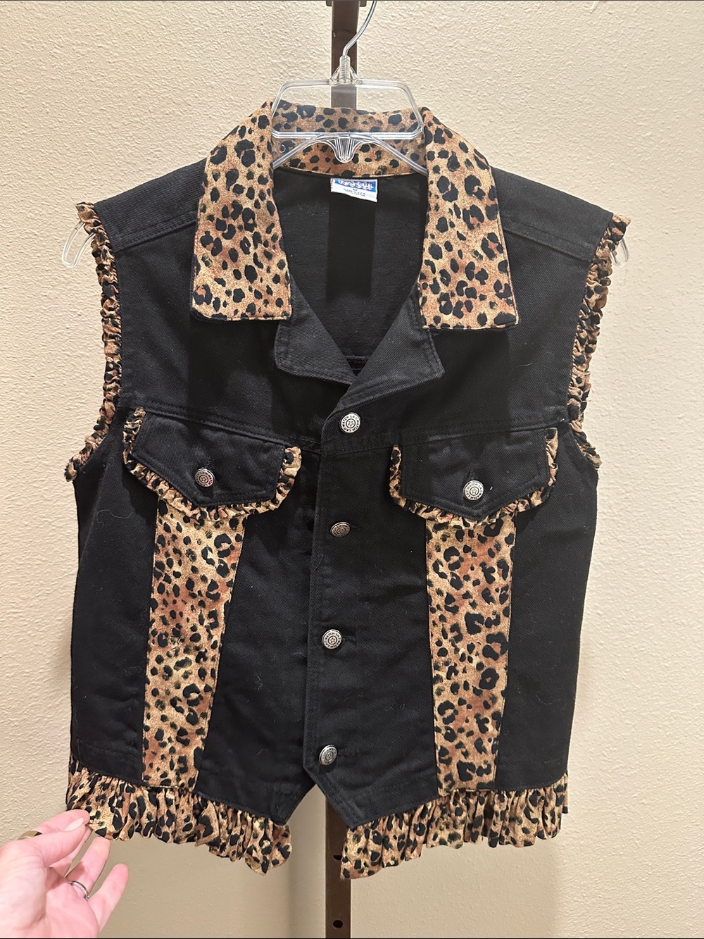 Vintage Black cotton Denim Vest w/ Leopard Trim - Western Boho Eclectic USA